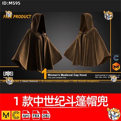 MD/Clo3D服装版片1款中世纪斗篷帽兜衣服纸样3D素材Marvelous模型