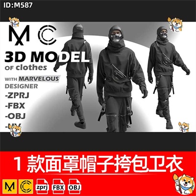 MD/Clo3D服装版片1款面罩帽子挎包卫衣衣服纸样素材Marvelous模型