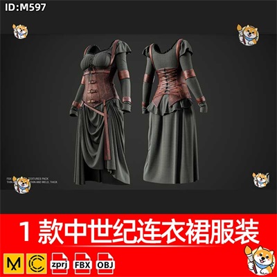 MD/Clo3D服装版片1款中世纪连衣裙服装衣服纸样素材Marvelous模型