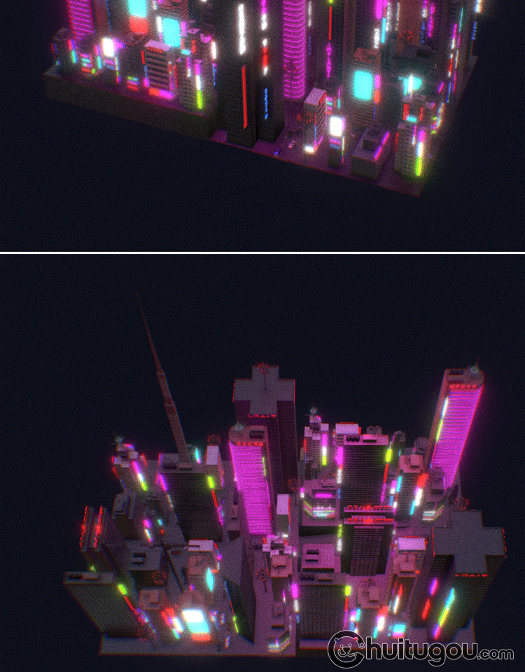 低面赛博朋克街区c4d卡通建筑场景blender城市夜景mb霓虹灯3d素材 建筑园林 绘图狗 设计灵感素材集散地