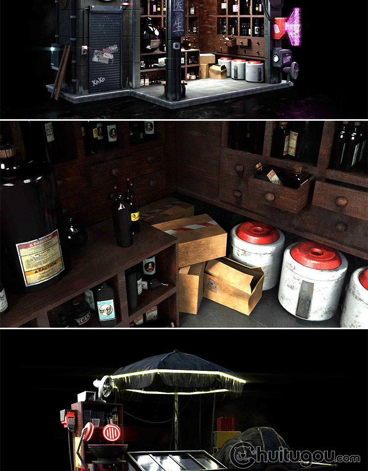 PBR赛博朋克道具3D模型C4D售货机商店FBX街道杂物瓶罐旧物空调OBJ - 建筑园林 - 绘图狗-设计灵感素材集散地