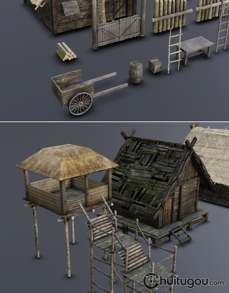 C4D中世纪风格木屋MAYA低面写实PBR古代建筑模型FBX建模渲染素材 - 建筑园林 - 绘图狗-设计灵感素材集散地