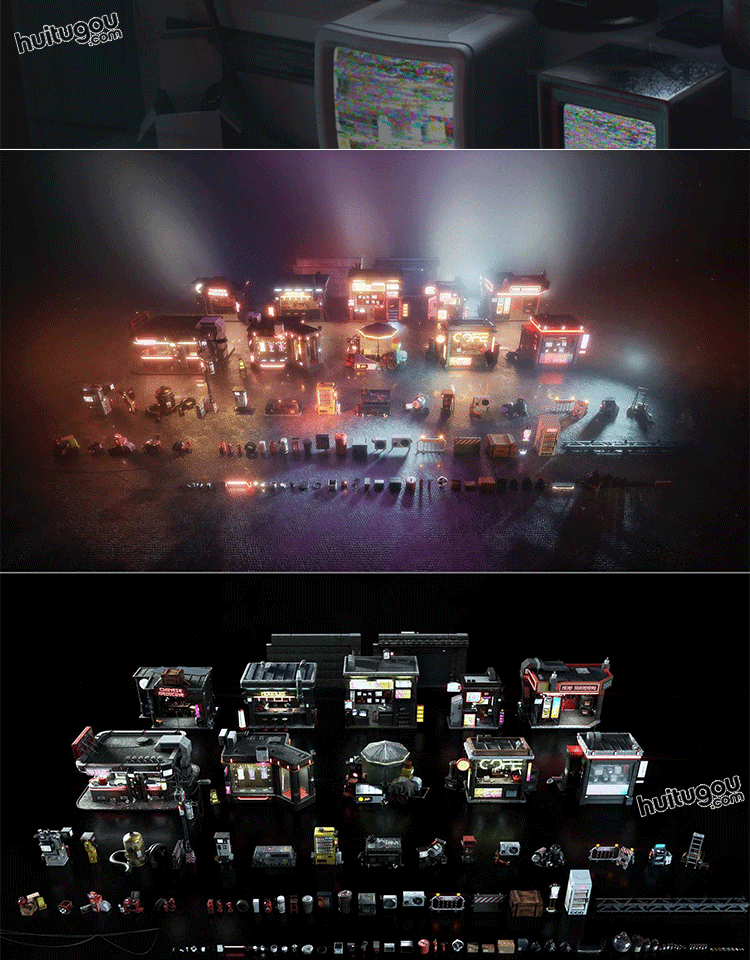 赛博朋克科幻城市街道楼房商铺3D模型Kitbash3D - Cyber Streets - KitBash3D模型 - 绘图狗-设计灵感素材集散地