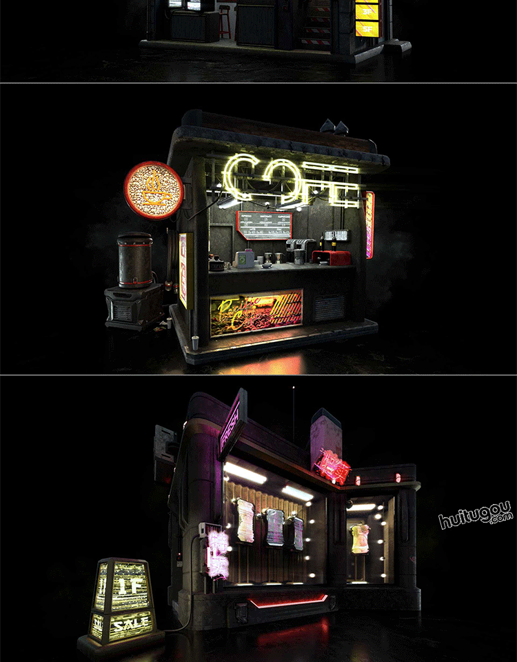 赛博朋克科幻城市街道楼房商铺3D模型Kitbash3D - Cyber Streets - KitBash3D模型 - 绘图狗-设计灵感素材集散地