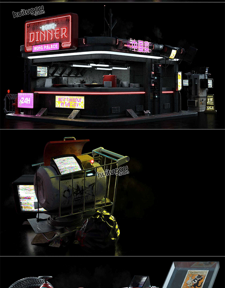 赛博朋克科幻城市街道楼房商铺3D模型Kitbash3D - Cyber Streets - KitBash3D模型 - 绘图狗-设计灵感素材集散地