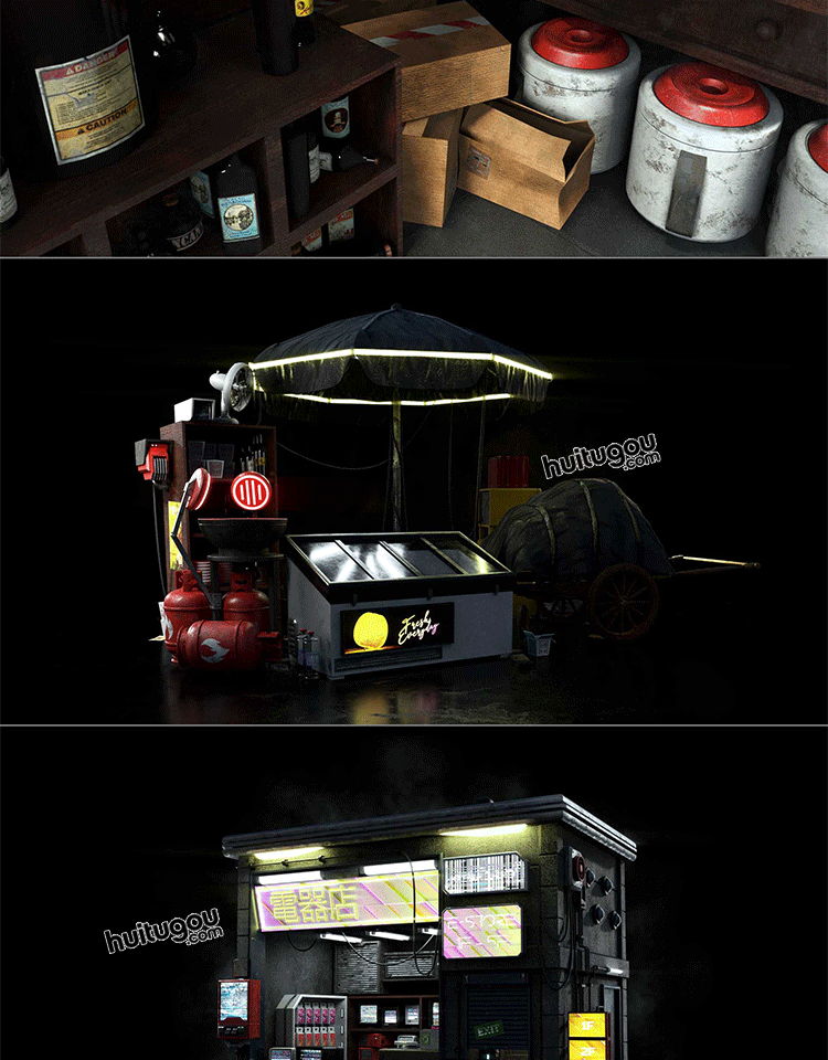赛博朋克科幻城市街道楼房商铺3D模型Kitbash3D - Cyber Streets - KitBash3D模型 - 绘图狗-设计灵感素材集散地